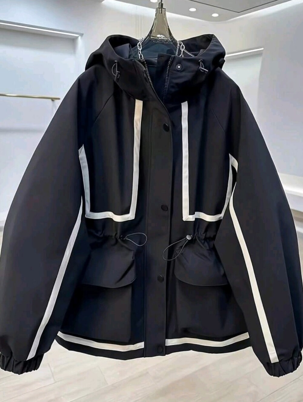 Women's Black And White Collision Autumn Zipper Front Long Sleeve Casual Cinched